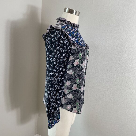 Rebecca Taylor Womens 4 Mix Floral 100% Silk Blouse Long Sleeve Ruffle High Neck - Picture 6 of 11
